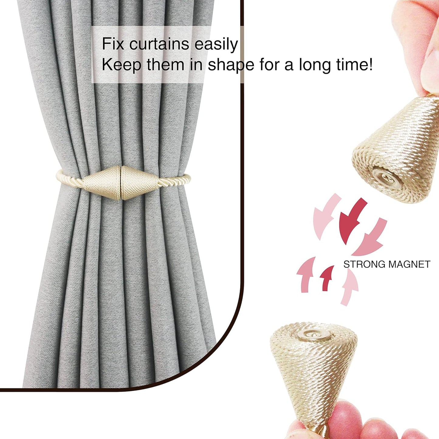 2 Pack Magnetic Curtain Tiebacks Rope Modern Handmade Curtain Tie Backs Decorative Drapes Weave Holdbacks for Window Décor, Beige