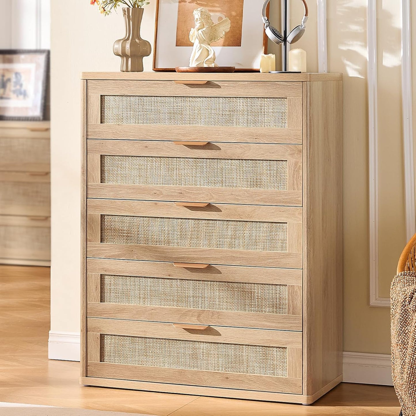 LEYAOYAO Rattan Dresser for Bedroom Set 2, 41" Tall Chest of Drawers, Modern 5 Drawers Boho Dressers with Storage, Light Oak Dresser Wooden Closet Organizer for Living Room, Hallway, Natural Wood