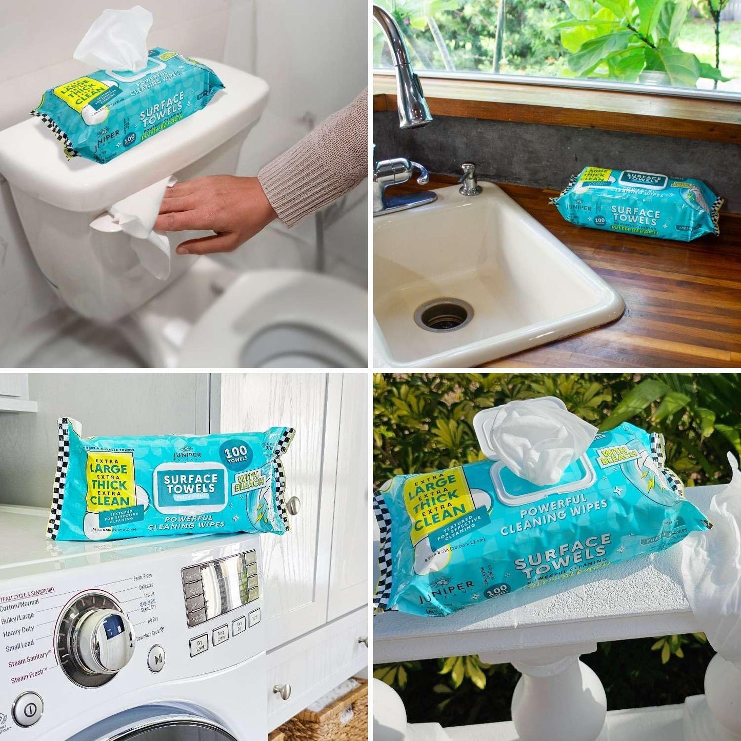 Single Surface Wipes with Bleach, Thick & Large Dispose, All-Purpose Cleaner for Bathroom, Kitchen, Office, 100 Count Soft Flow, Biodegradable, Fresh Scent