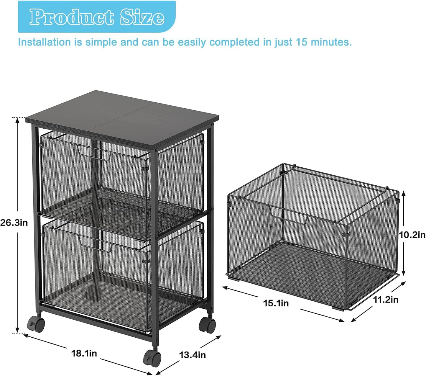 Letter/Legal Rolling File Cart with 2 Storage Drawers, Under Desk Storage, Vertical Filing Cabinet for Home Office, Hanging File Folders Organizer, Mobile Utility Cart Printer Stand, Black