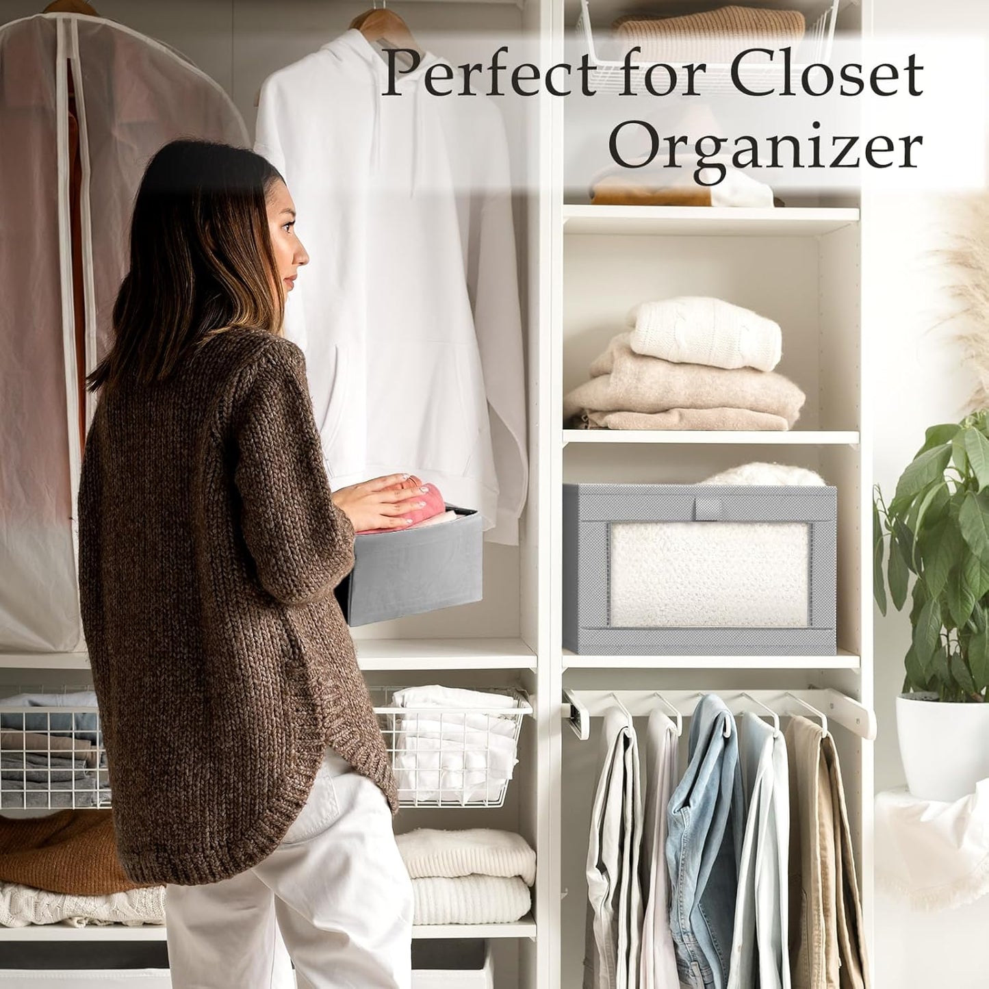 Criusia 8 Pack Linen Closet Organizers and Storage, Large Linen Closet Baskets for Organization, Foldable Storage Containers for Toys, Clothing, Towels, Jeans, Books, Shelves, Grey