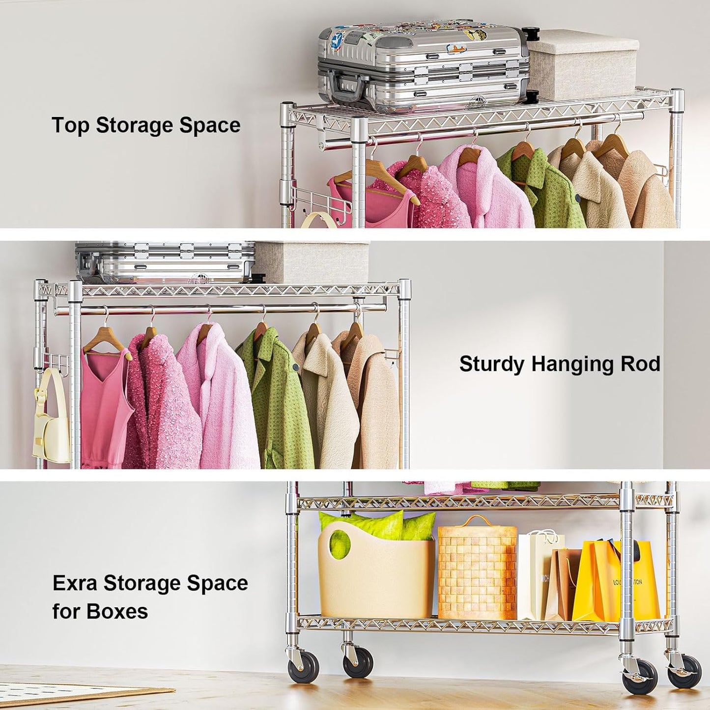 Heavy Duty Rolling Garment Rack 3 Tiers Adjustable Wire Shelving Clothes Rack with 1 Rods and Side Hooks,Storage Closet Clothing Rack with Wheels Chrome 15.7" D x 45.3" W x 75.6" H