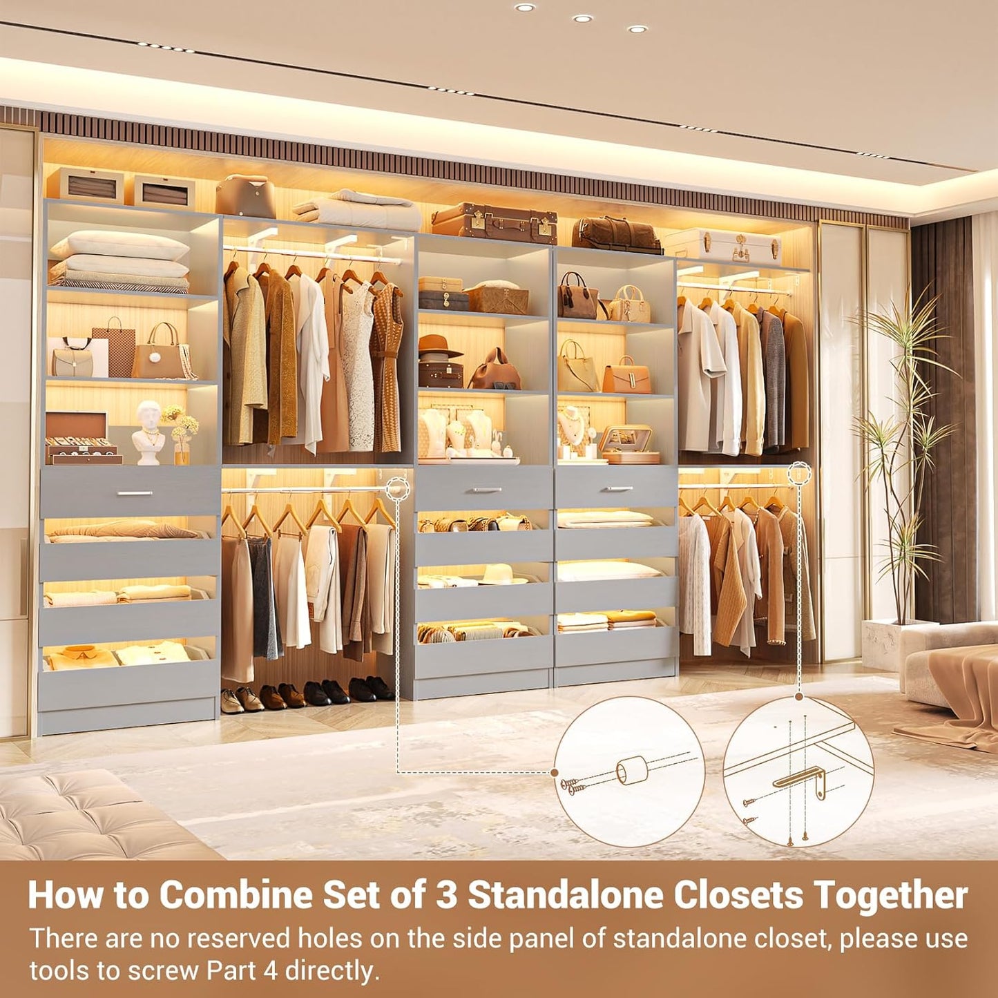 Aheaplus Closet System Set of 3, 138.5" Wood Closet Organizer System Tower with 12 Drawers & 4 Hanging Rods, 6.7+4.85Ft L Shaped Walk-in Closets Wardrobe Organizer Garment Rack with Shelves, Grey