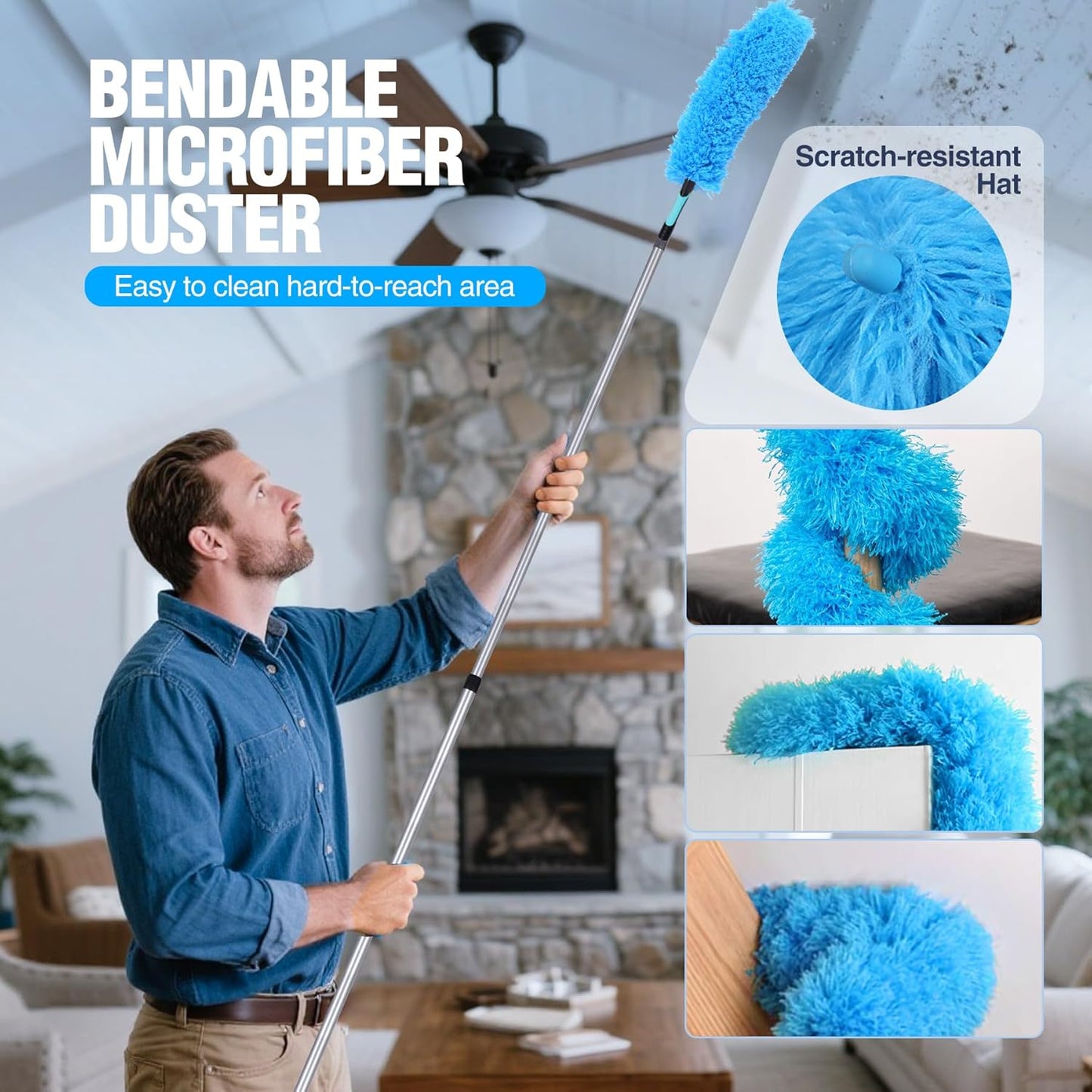 Lineslife Cobweb Duster,Washable Cleaning Duster Kit with Flexible Microfiber Duster Head, 1 * 2-in-1 Window Squeegee, and 1* Ceiling Fan Duster for Home Office Cleaning High Ceilings,Furniture,Roof