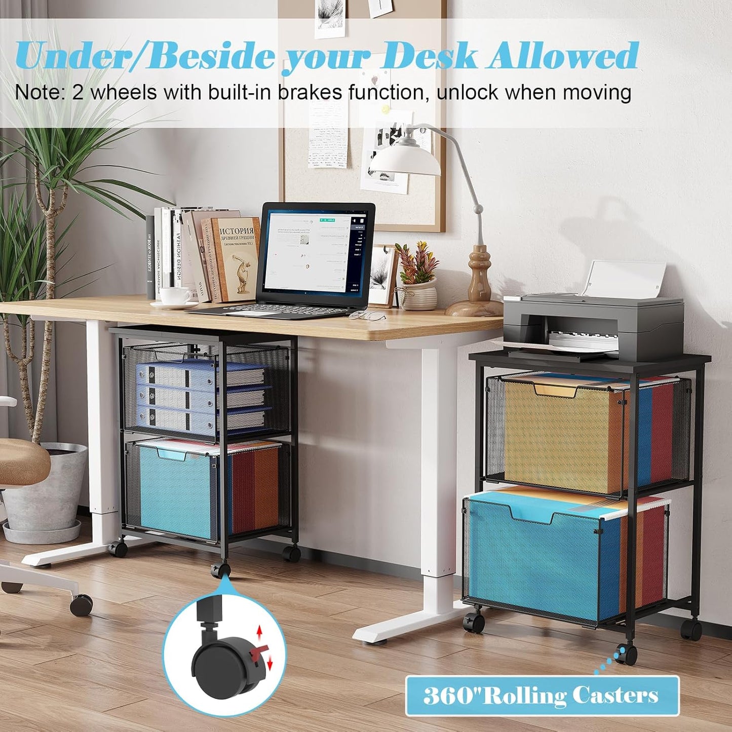 Letter/Legal Rolling File Cart with 2 Storage Drawers, Under Desk Storage, Vertical Filing Cabinet for Home Office, Hanging File Folders Organizer, Mobile Utility Cart Printer Stand, Black