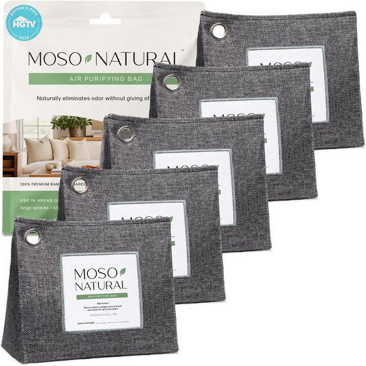 Moso Natural Air Purifying Bag 600g (21oz) Premium Bamboo Charcoal Odor Absorber | Room Deodorizer for Large Spaces, Bedroom, Kitchen, Basement | Pet Odor Eliminator for Home | Unscented (5 Pack)