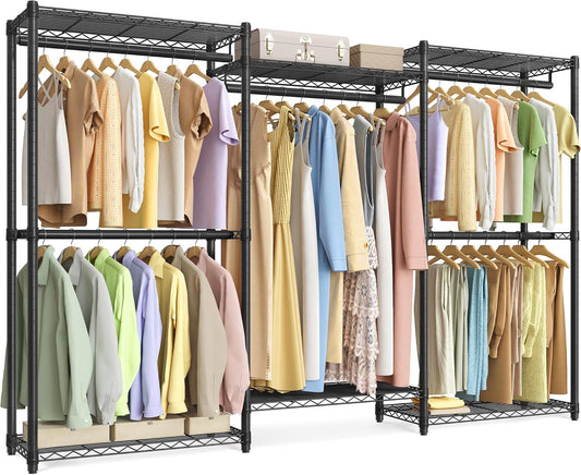 SONGMICS Heavy-Duty Clothes Rack, Garment Rack, Portable Closet, 86.4-Inch Wide Clothing Rack with Adjustable Mesh Shelves and Hanging Rails, Ink Black ULGR434B01