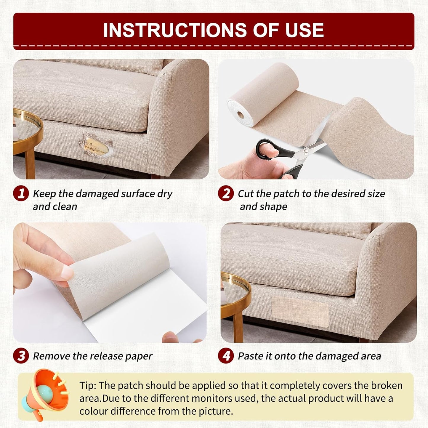 Linen Repair Tape 4x79 inch, Self Adhesive Fabric Patches, Linen Patch Tape Kit, Fabric Repair Tape for Couch Sofas, Headboards, Chairs, Pillows, Curtains, Couches - Light Brown