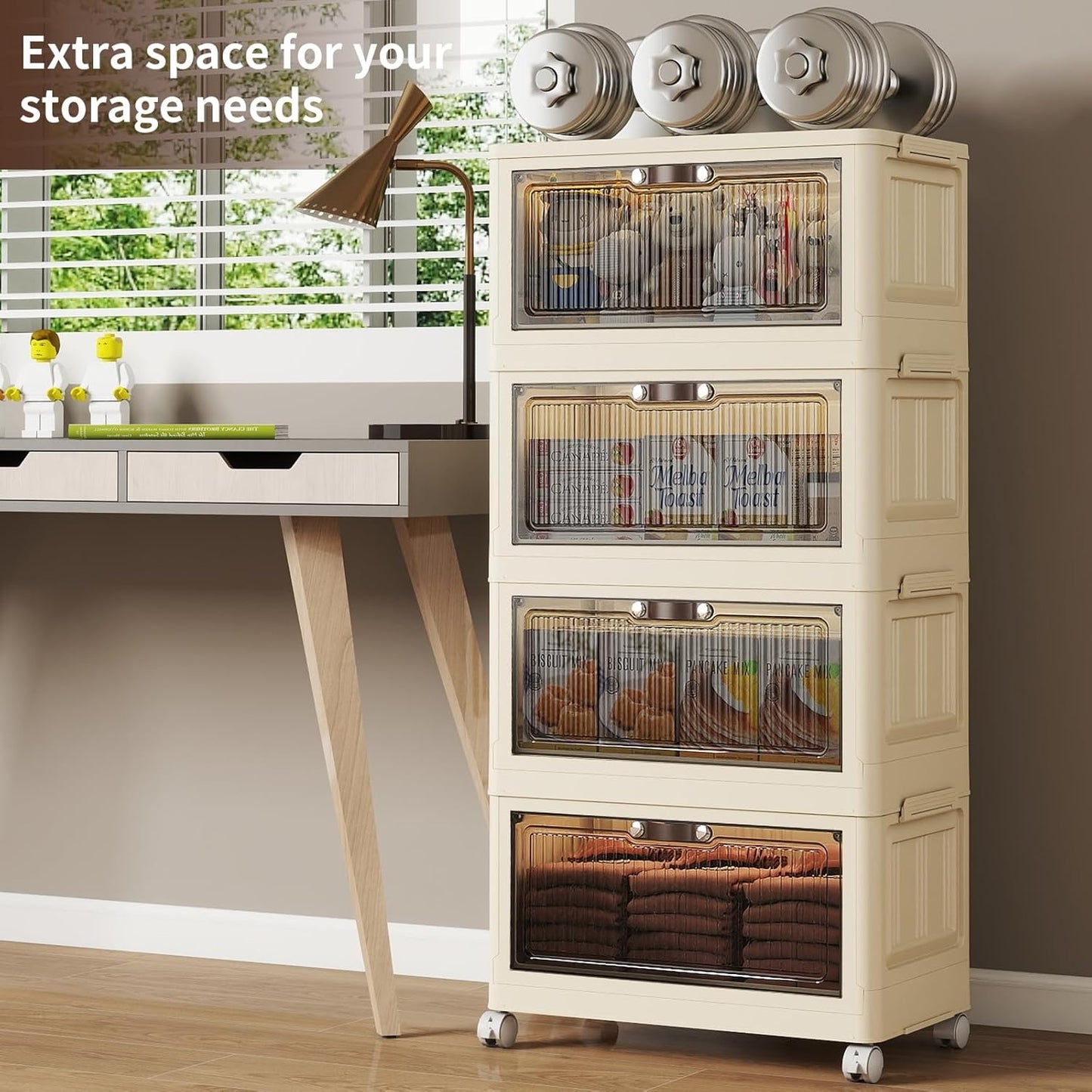 4 Tier - 34QT Storage Bins with Lids, Collapsible Storage Bins with Doors and Wheels, Plastic Storage Cabinet for Easy Storage and Organization for Living Room, Office