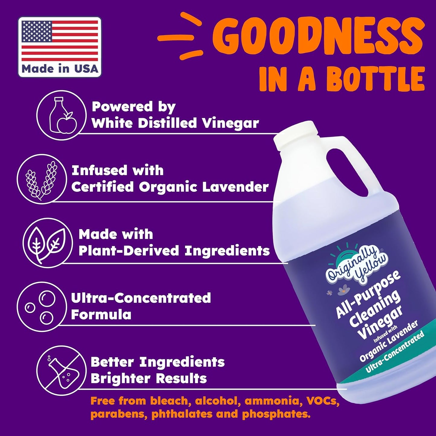 Originally Yellow Lavender Vinegar For Cleaning Purpose | USA Made All Purpose Cleaner | Use as a Floor, Glass, Kitchen, & Bathroom Cleaner | Plant Derived Vinegar 1 Gallon in 2 bottles | 128 Oz