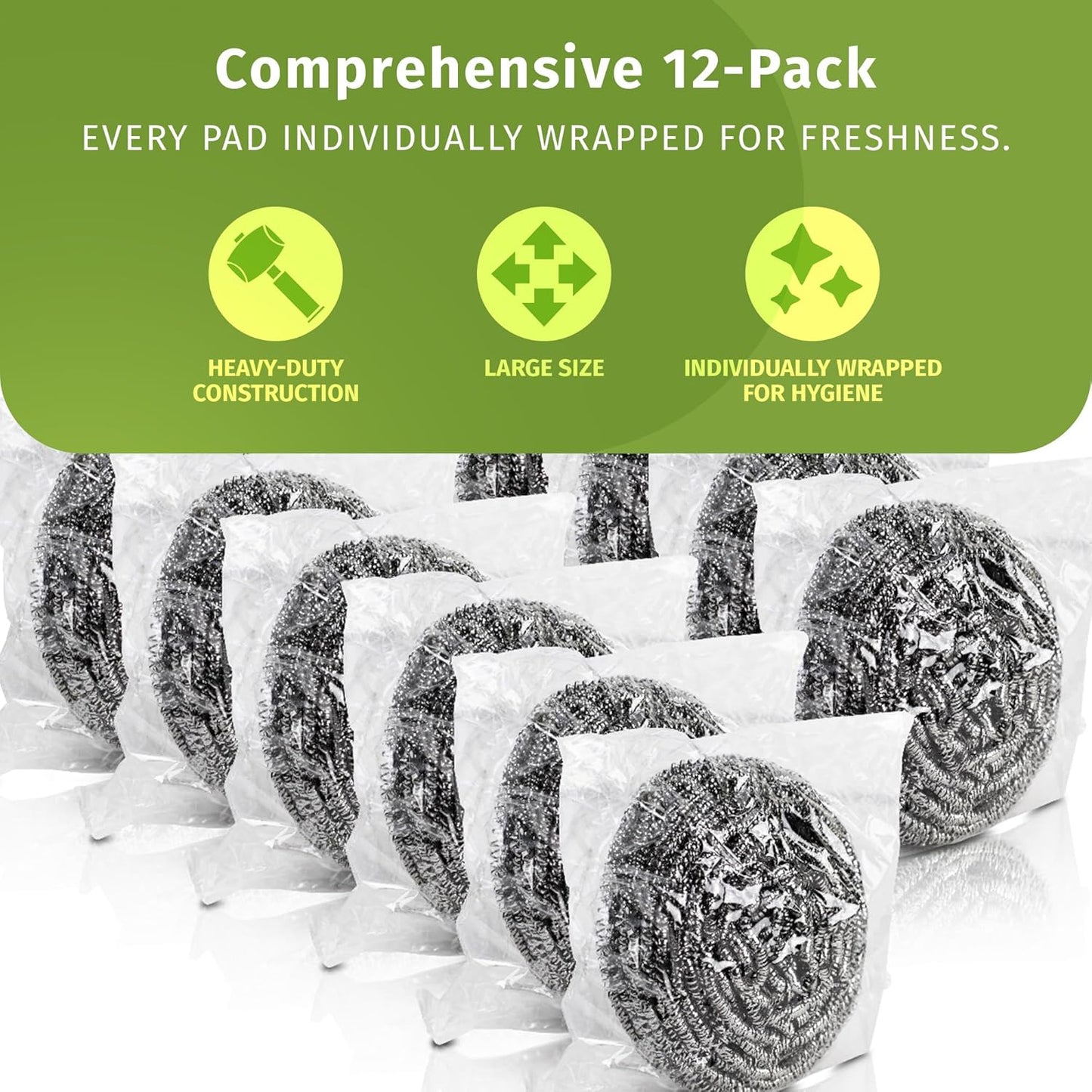 Brheez Stainless Steel Cleaner Scouring Pads [12 Pack] - Industrial & Commercial Strength Large Cleaning Supplies Dish Sponge - Individually Wrapped 80 Gram