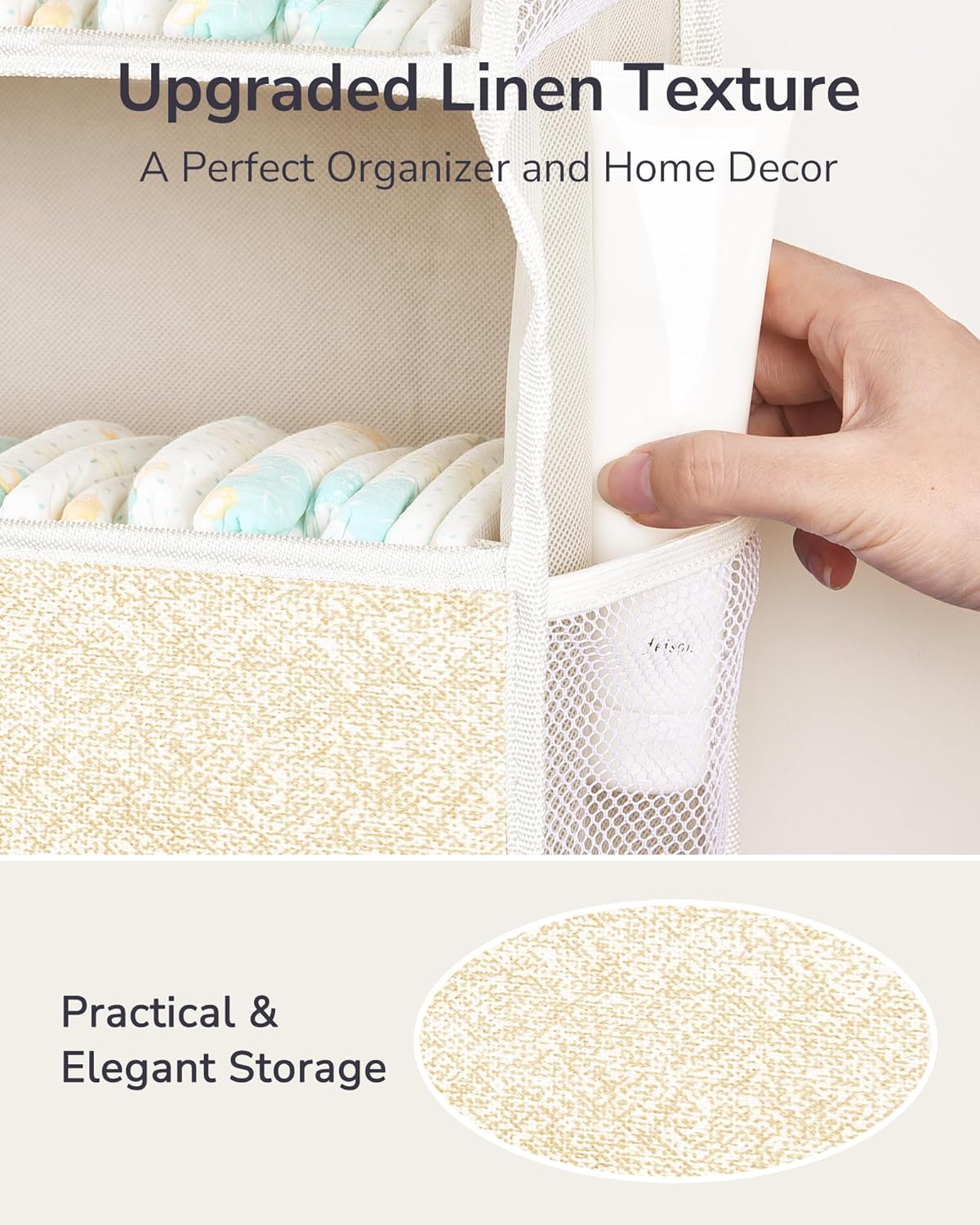 ULG 1 Pack Over Door Organizer with 5 Large Pockets 10 Mesh Side Pockets, Upgraded Linen Texture Over The Door Storage, 44 lbs Weight Capacity Hanging Storage Organizer, Ivory