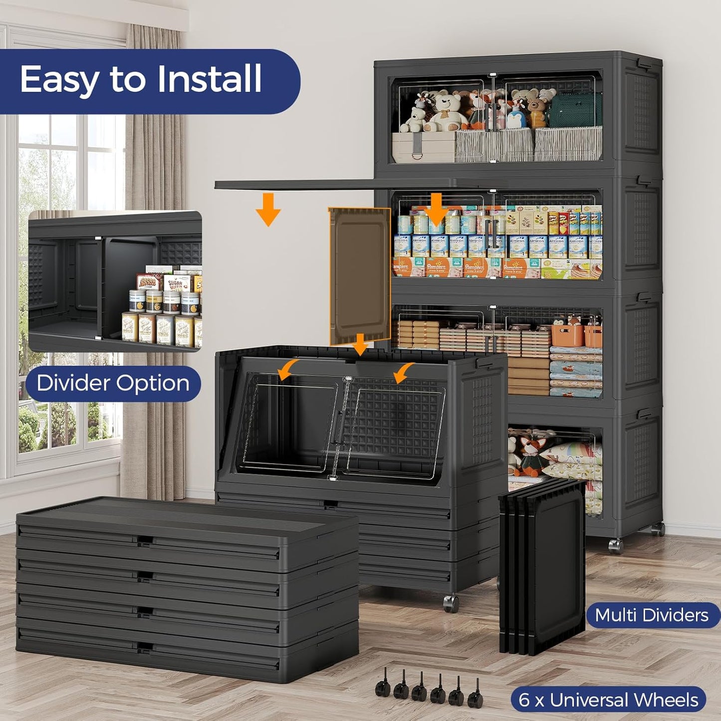 120GAL Extra Large Storage Bins with Lid, 480Qt Stackable Closet Organizers and Drawers, Collapsible Storage Bins with Wheels, Folding Storages Cabinet for Home Bedroom Office, 3Pack Black