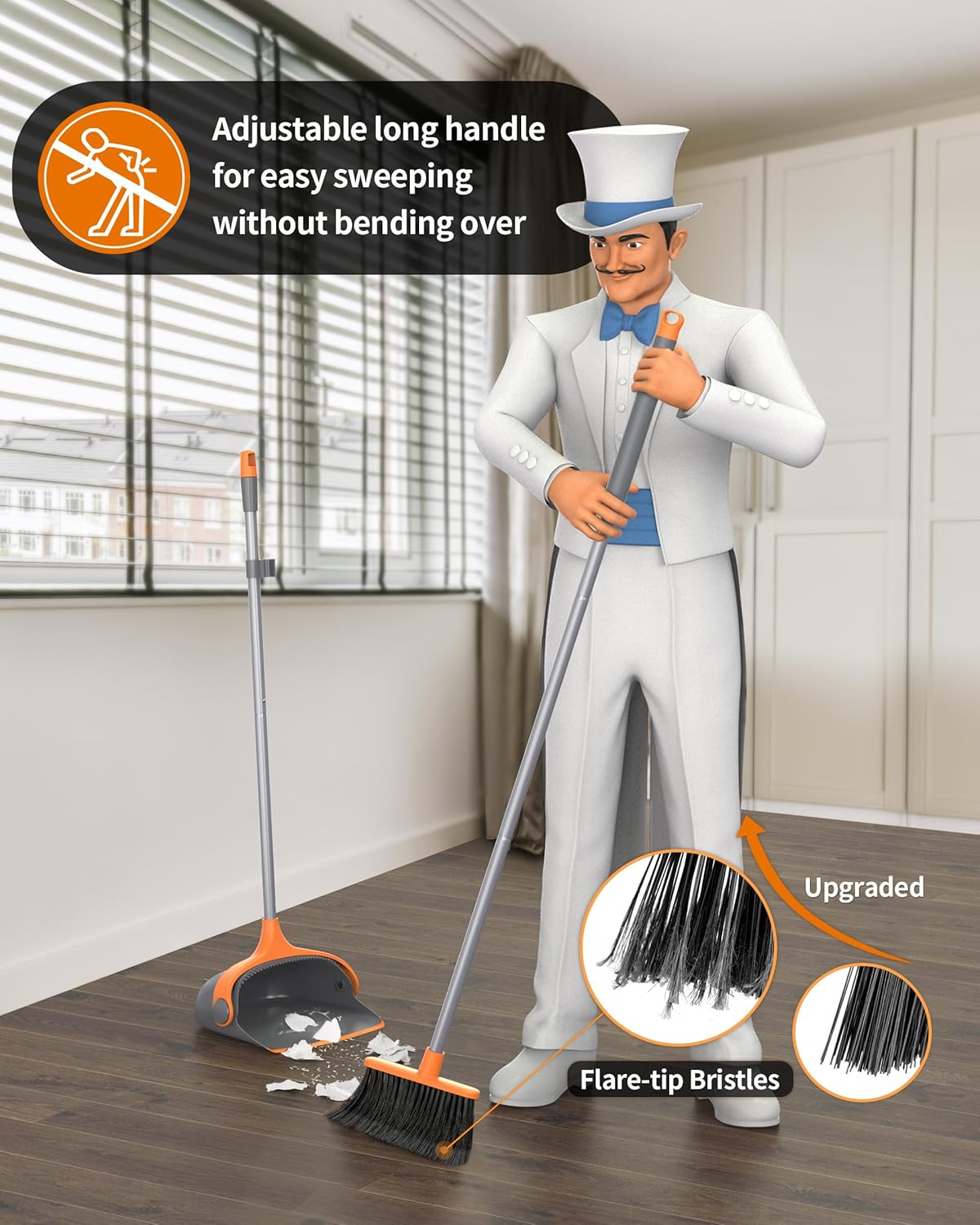 MR.SIGA Broom and Dustpan Set with Long Handle, Stand Upright Broom with Dustpan Combo for Cleaning Office, Garage, Lobby, Lightweight Sweeping Set, 51.7"(131 cm) Long Handle, Gray & Orange