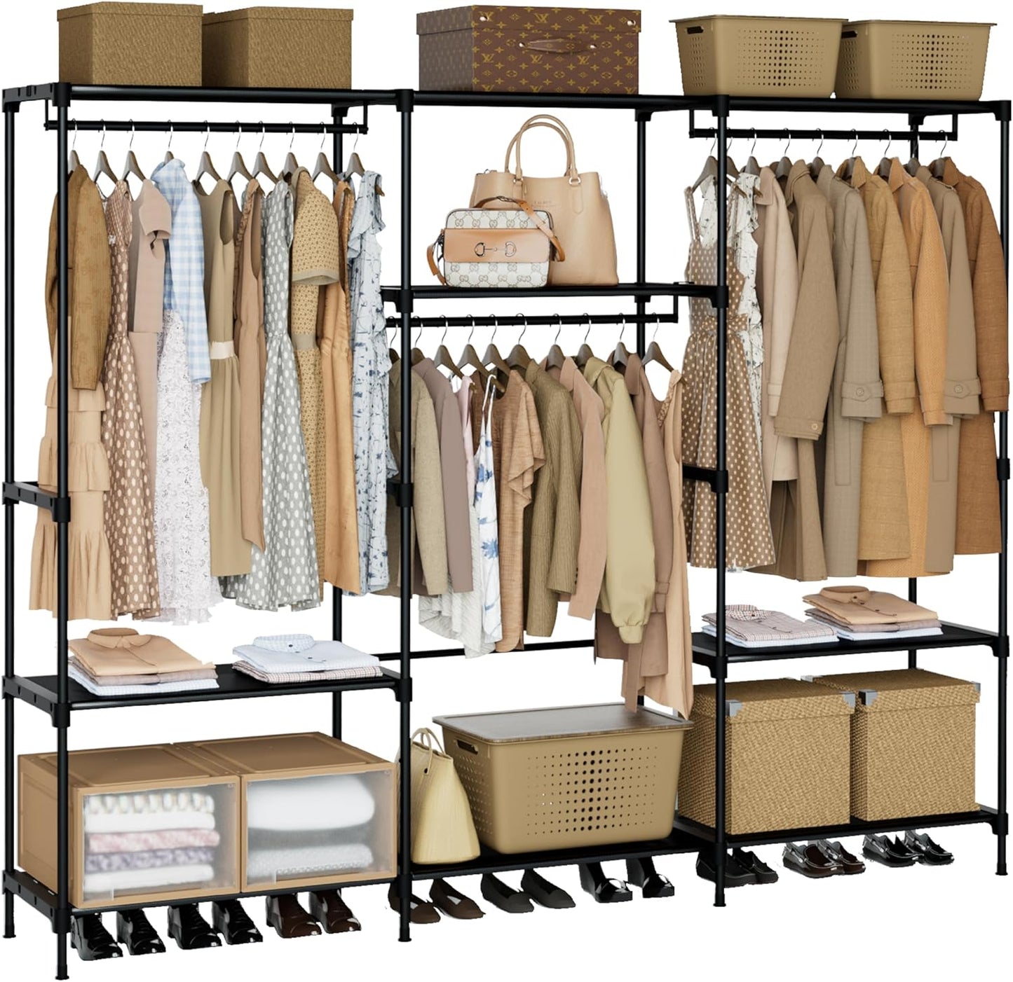 Clothes Rack, Portable Closet, 81.1 Inch Large Capacity Wardrobe Closet, Clothes Storage Organizer with Shelves and 3 Hanging Rods, Easy to Assembly, Black PCT033B01