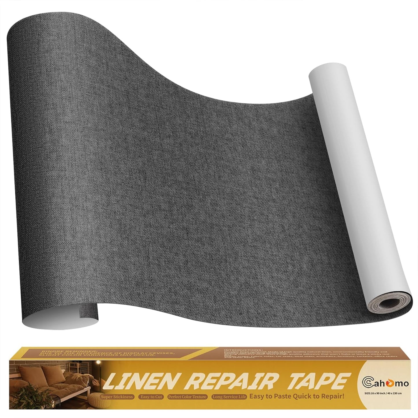 Linen Repair Tape 16x90 inch, Self Adhesive Fabric Patches, Linen Patch Tape Kit, Fabric Repair Tape for Couch Sofas, Headboards, Chairs, Pillows, Curtains, Couches - Dark Grey