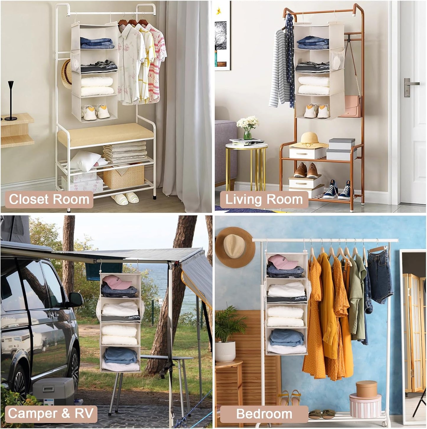 MAX Houser 4 Tier Shelf Hanging Closet Organizer, Space Saver,Closet Hanging Shelf with 2 Sturdy Hooks for Storage, Foldable (Beige)