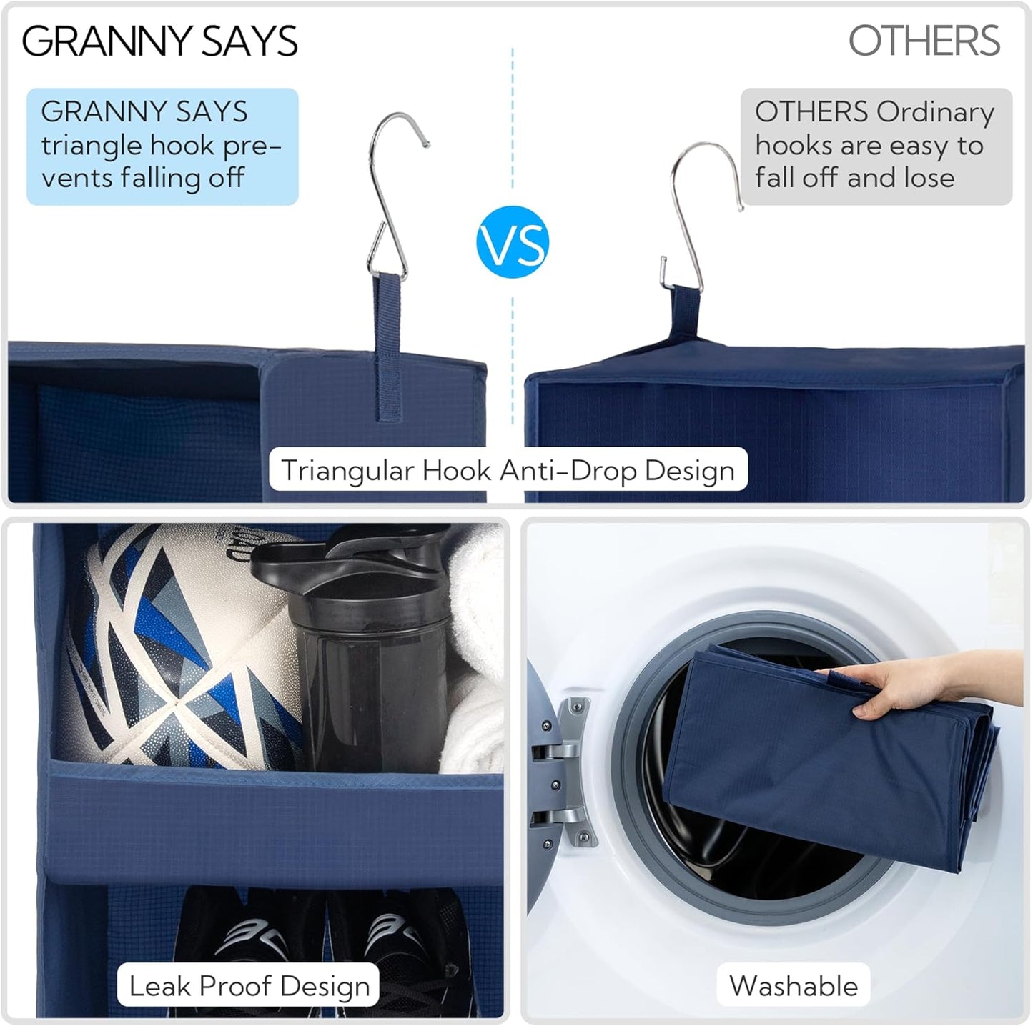 GRANNY SAYS 3-Shelf Closet Organizers and Storage, Foldable Hanging Closet Organizer, Closet Hanging Shelves with 2 Metal Hooks, Leak-Proof Hanging Organizer for Closet, Navy, 2-Pack