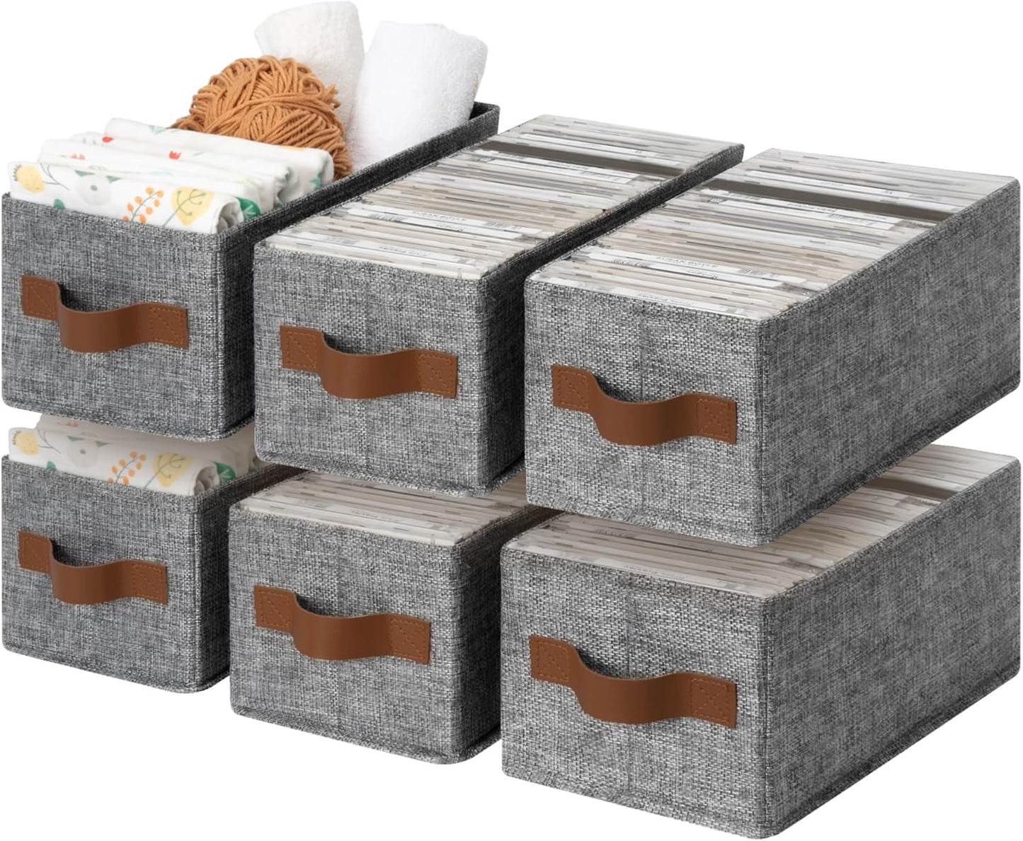 GRANNY SAYS Small Fabric Storage Bins with PU Handles, Storage Baskets for Shelves, Toilet Paper Storage, Narrow Baskets for Organizing DVD, Photos, Clothes, Diaper, Sock, Cd, 6-Pack, Gray