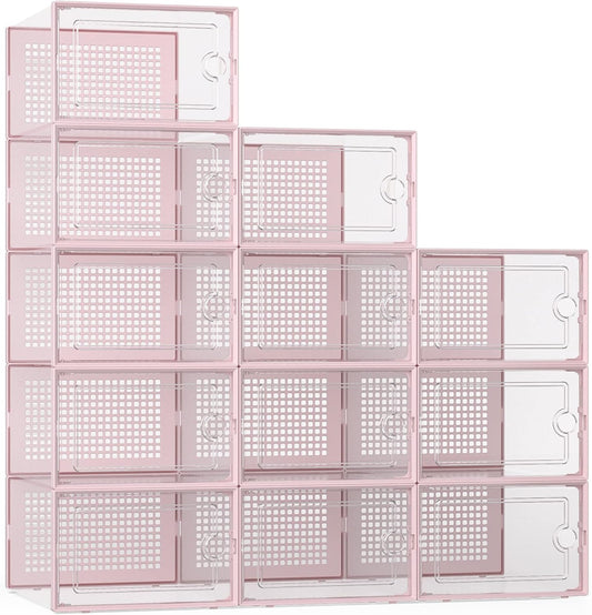 Kuject X-Large Shoe Storage Boxes Organizers Clear Plastic Stackable 12 Pack, Shoe Rack & Holder Substitute, Sneaker Containers, Toy Storage Organizer Bins for Entryway, Closet, Under Bed, Pink