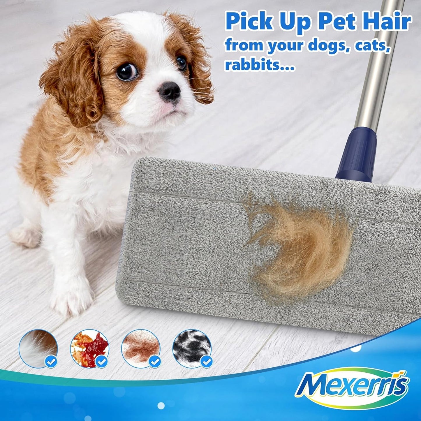 MEXERRIS Microfiber Flat Mop for Hardwood Laminate Tile Floor Cleaning: Stainless Steel Handle - 4 Reusable Flat Mop Refills and 1 Dirt Removal Scrubber Included - Dry Dust Mop Commercial Home Use