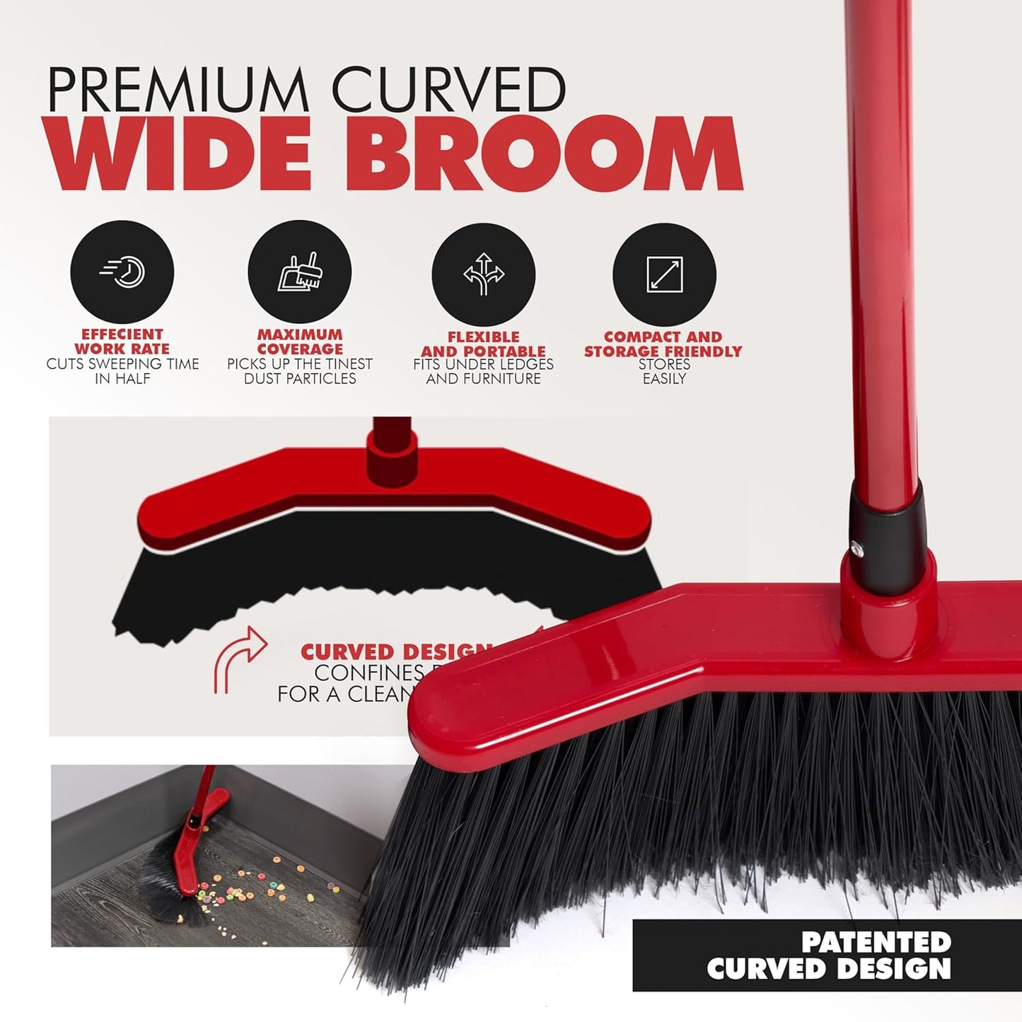 Da Vinci Curved Angle Broom 1pc - Sturdy Wide Broom for Indoor/Outdoor Sweeping, Heavy Duty Steel Telescopic Handle, Durable PVC Bristles, Ideal for Pet Hair, Dust, Kitchen & Rough Surfaces