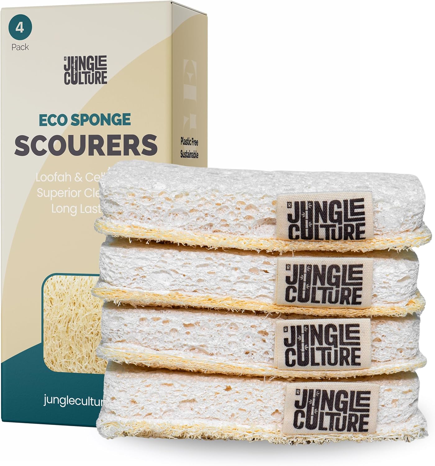 Jungle Culture Eco Sponge Set of 4 • Eco Friendly Natural Dishwashing Sponges • Non-Scratch, Biodegradable & Durable • Double Sided Loofah Kitchen Scourer • Compostable & Reusable Washing Up Sponges