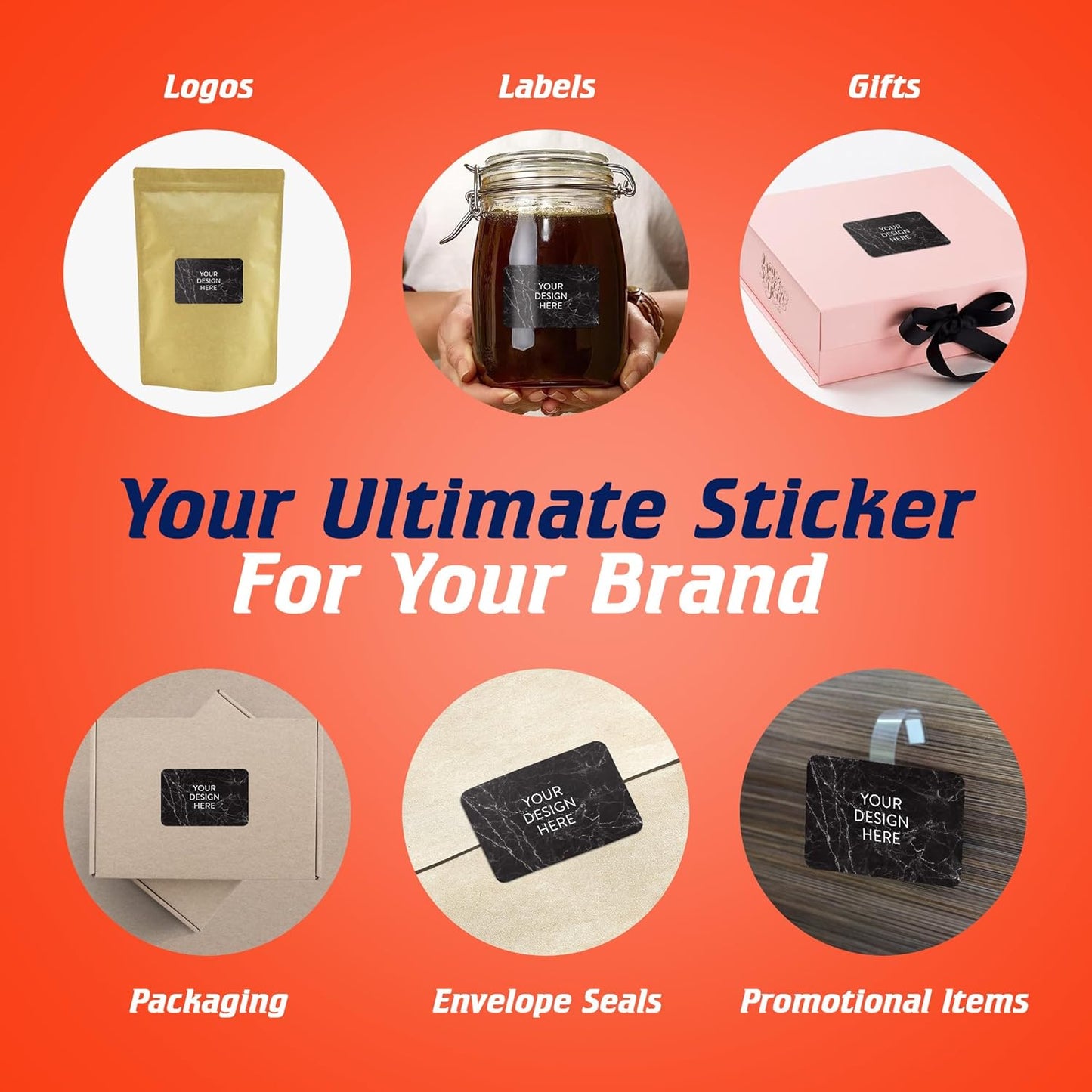 100 Custom Vinyl Stickers - Upload Your own Image, Text, Design, Logo - Personalized Logo Labels for Handmade, Packaging, Bottle, Jars, Candle, Brand Stickers (Black Marble, 4x2)