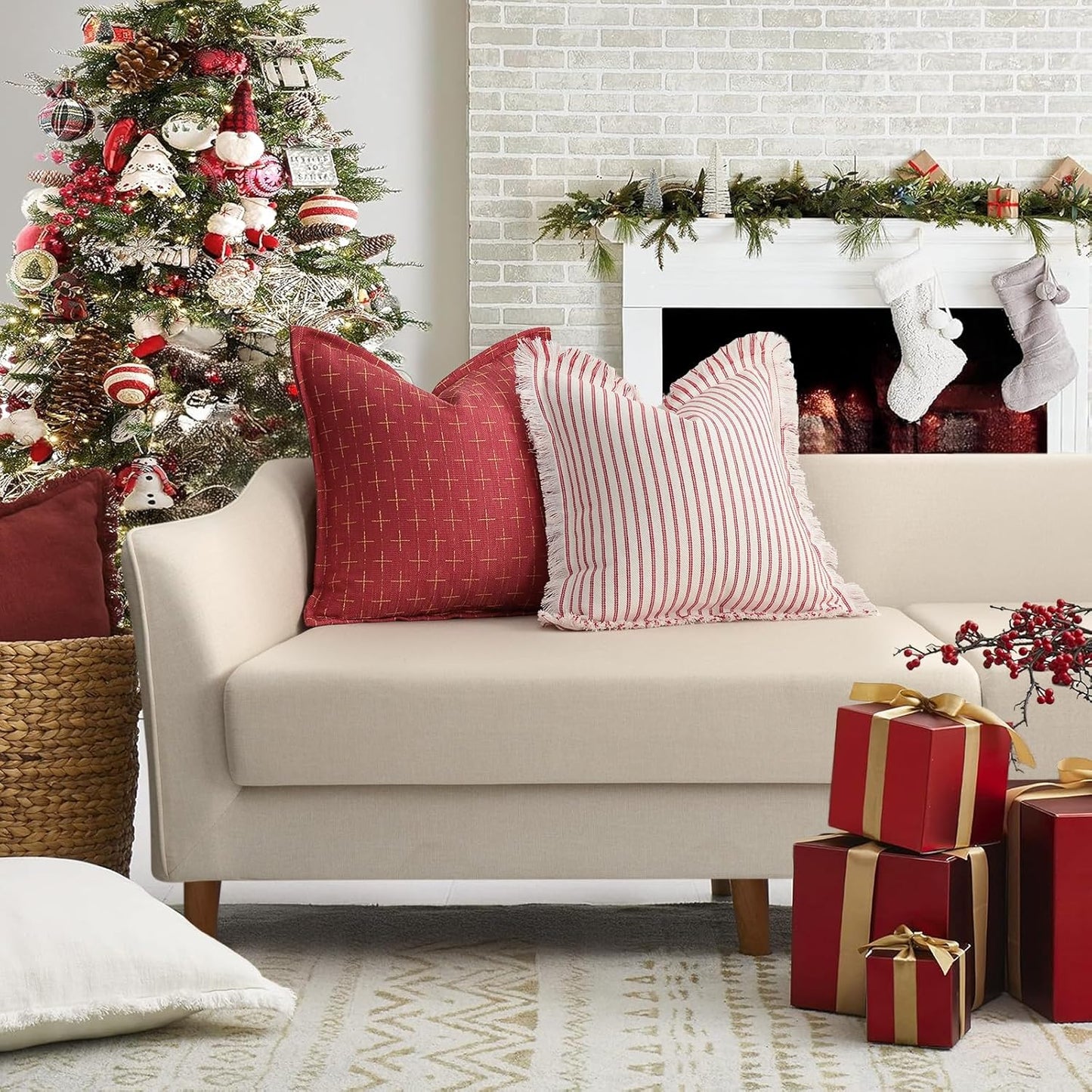 ZWJD Christmas Pillow Covers 12x20 Set of 2 Soft Polyester Textured Pillowcases with Stylish Flange Edge Cozy Farmhouse Christmas Pillows for Couch Bed Sofa Living Room (Red)