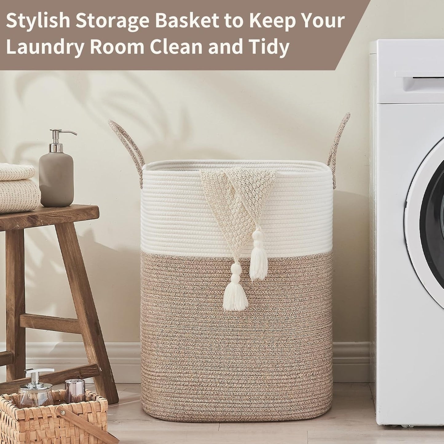 Laundry Basket with Handles - Blanket Basket & Hampers for Bedroom Aesthetic, Laundry Hamper & Blanket Storage for Living Room, Clothes Hamper, Tall, Large 17" x 14" x 26”, White & Rice Brown