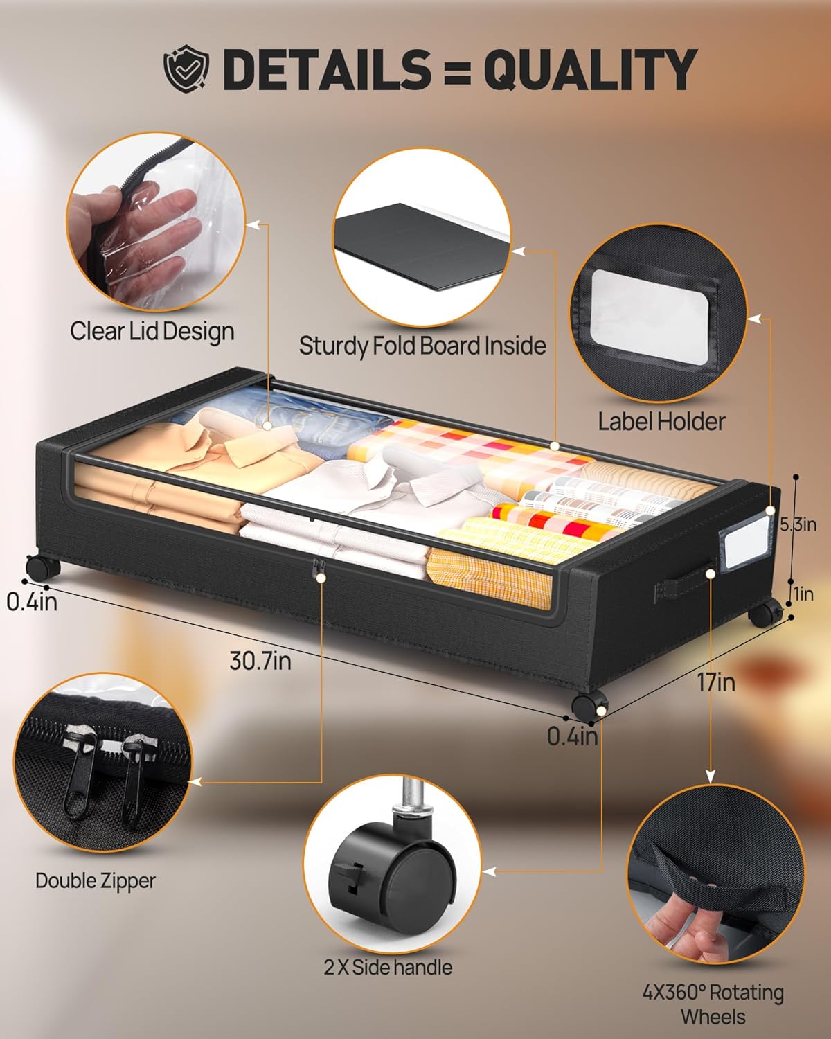 Under Bed Storage, Underbed Storage With Wheels, Under The Bed Storage for Clothes, Blankets, Shoes... (Black, 1 Pack)