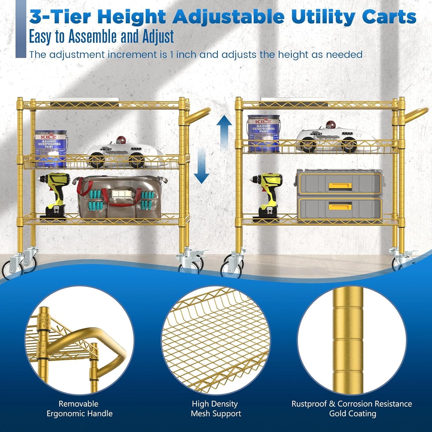 Leteuke 3 Tier Rolling Carts with Wheels,Heavy Duty Utility Bar Cart,NSF Commercial Grade Metal Cart with Handle&Shelf Liner,Trolley Serving Cart for Kitchen,Restaurant,Plant Display,Gold