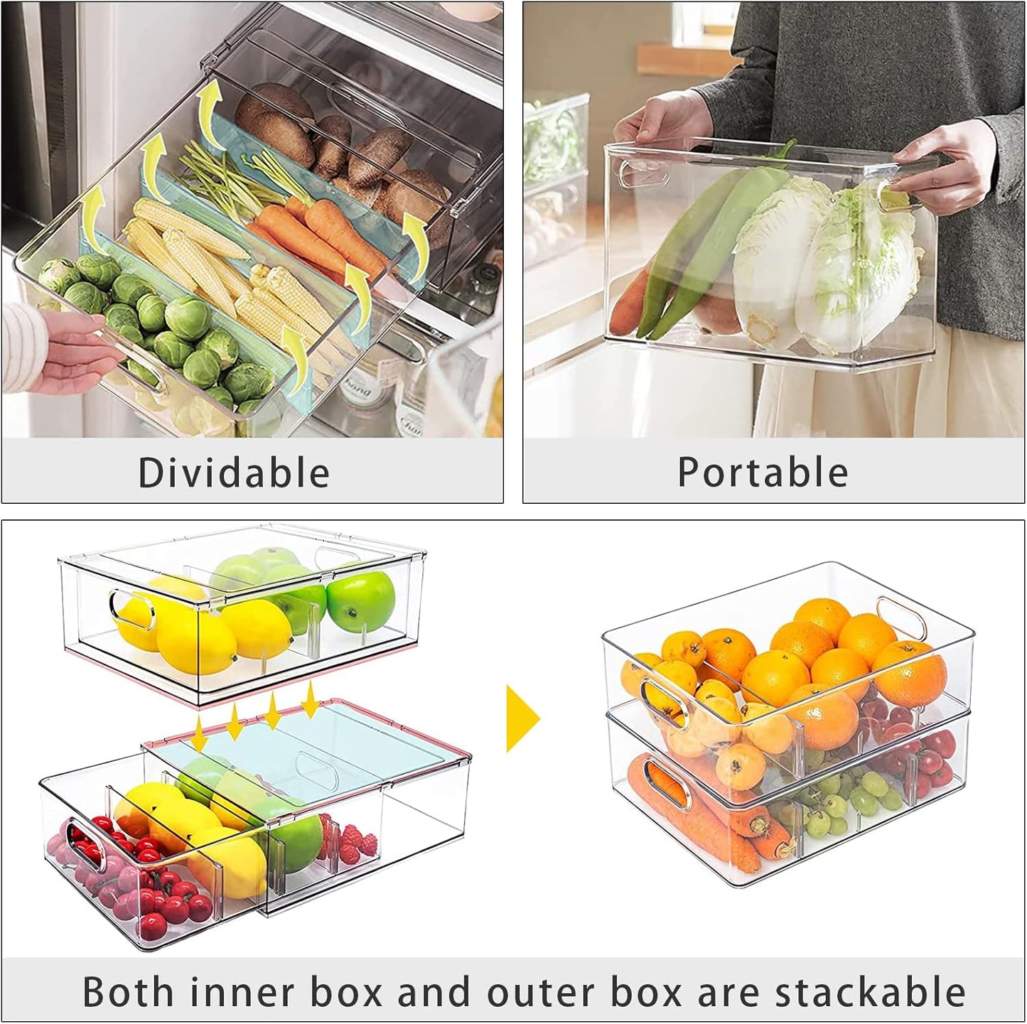MineSign 4Pack Stackable Fridge Drawers Pull-out Storage Bins with Handle Clear Food Container for Refrigerator Plastic Dresser Organizer Fruit&Veggie Keeper for Freezer Cabinet Kitchen Organization