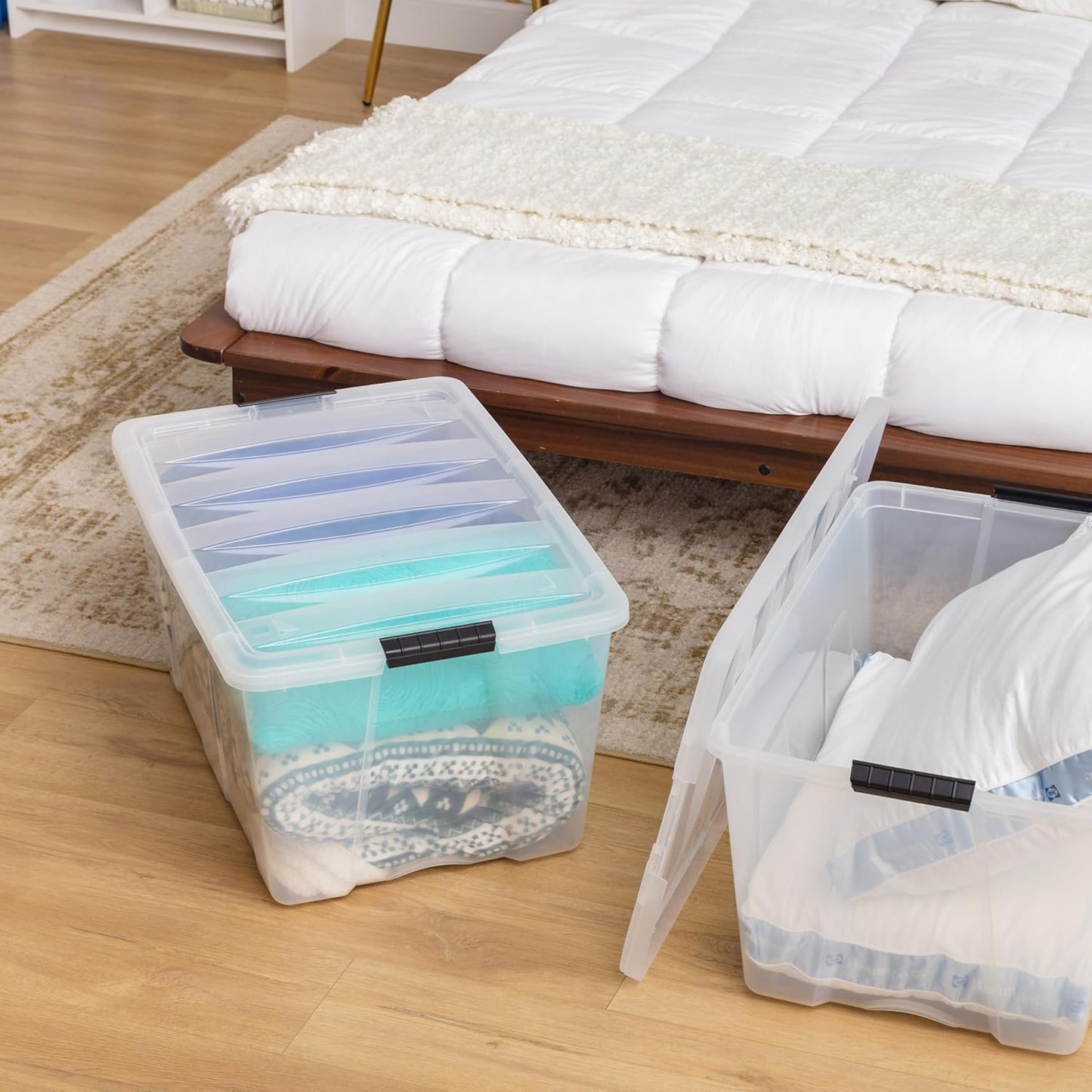 IRIS USA 94 Qt Stackable Plastic Storage Bins with Lids, 2 Pack - BPA-Free, Made in USA - See-Through Organizing Solution, Latches, Durable Nestable Containers, Secure Pull Handle - Clear