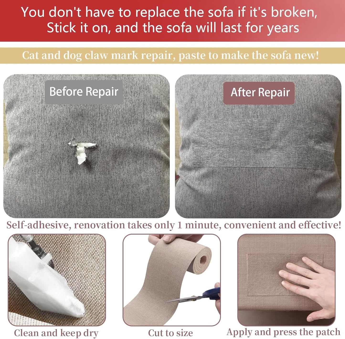 Linen Repair Tape 4x70 Inch Self-Adhesive Couch Patch Repair Fabric Patch for Furniture,Sofas,Cushion,Chairs,Bags,Linen Goods(Dark Brown)