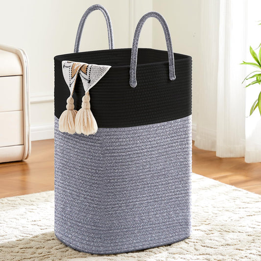 Laundry Basket,Woven Cotton Rope Laundry Hamper,Versatile Storage for Dirty Clothes,Baby Toys,and Blankets in Bathroom, Nursery,and Living Room (Black, 60L)