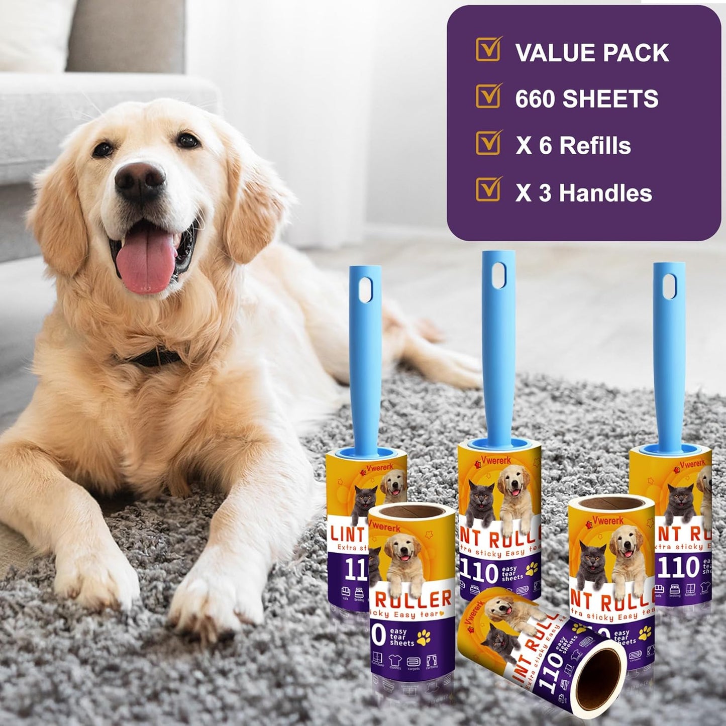 Lint Rollers for Pet Hair Extra Sticky, 660 Sheets Value Set/6 Lint Roller Refills with 3 Durable Handles, Pet Hair Roller for Clothes, Furniture, Carpet