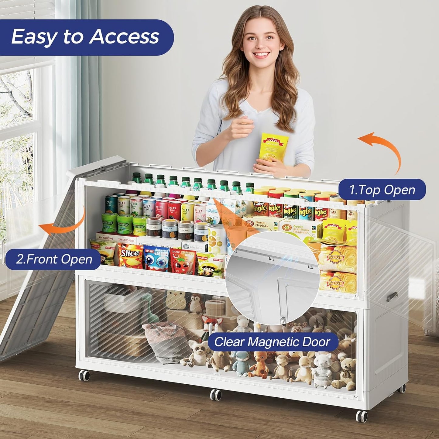 240 Gallon Extra Large Collapsible Storage Bin with Lid, 960QT Stackable Plastic Organizer with 6x Wheels, Foldable Drawer Cabinet for Closet, Living Room Office Dorm 3Pack, White