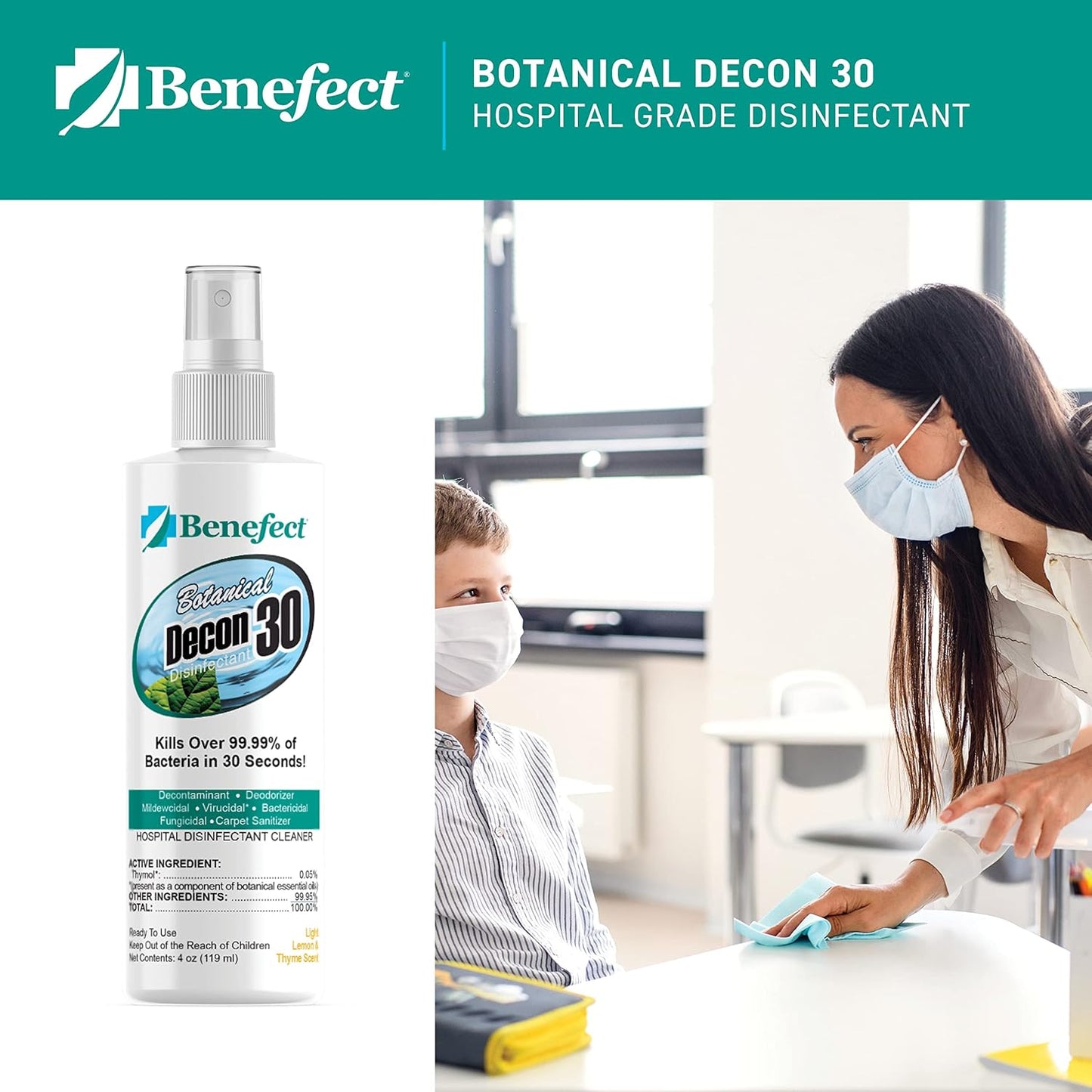 Benefect Botanical Decon 30 Disinfectant Cleaner, 4 oz. Spray Bottle, Light Lemon & Thyme Scent, Hospital Grade Disinfectant, Kills Over 99.99% of Germs, Safe for Food-Contact Surfaces