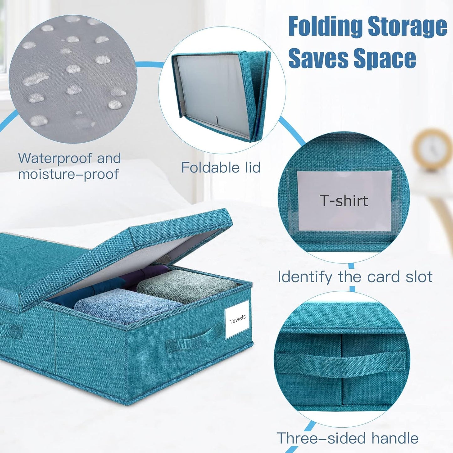 Underbed Storage Containers Bin with Lids (2pcs) Large Under Bed Storage Organizer Box with Handle, Foldable Under the Storage Bags for Organizing Clothes, Shoes, Blankets, Pillows-Cyan blue