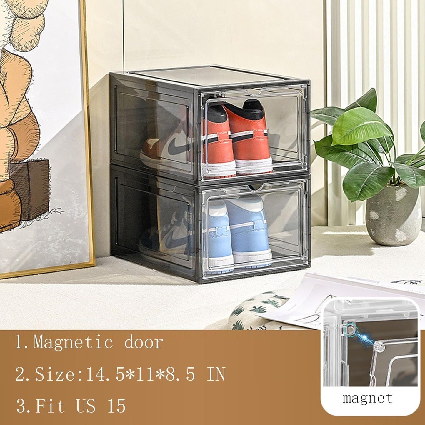 XXL Drop Front Shoe Storage Box Stackable, 8 Pack Shoe Display Case Fit US 15,Sneaker Storage Shoe Containers with Magnetic Door（8 PACK BLACK