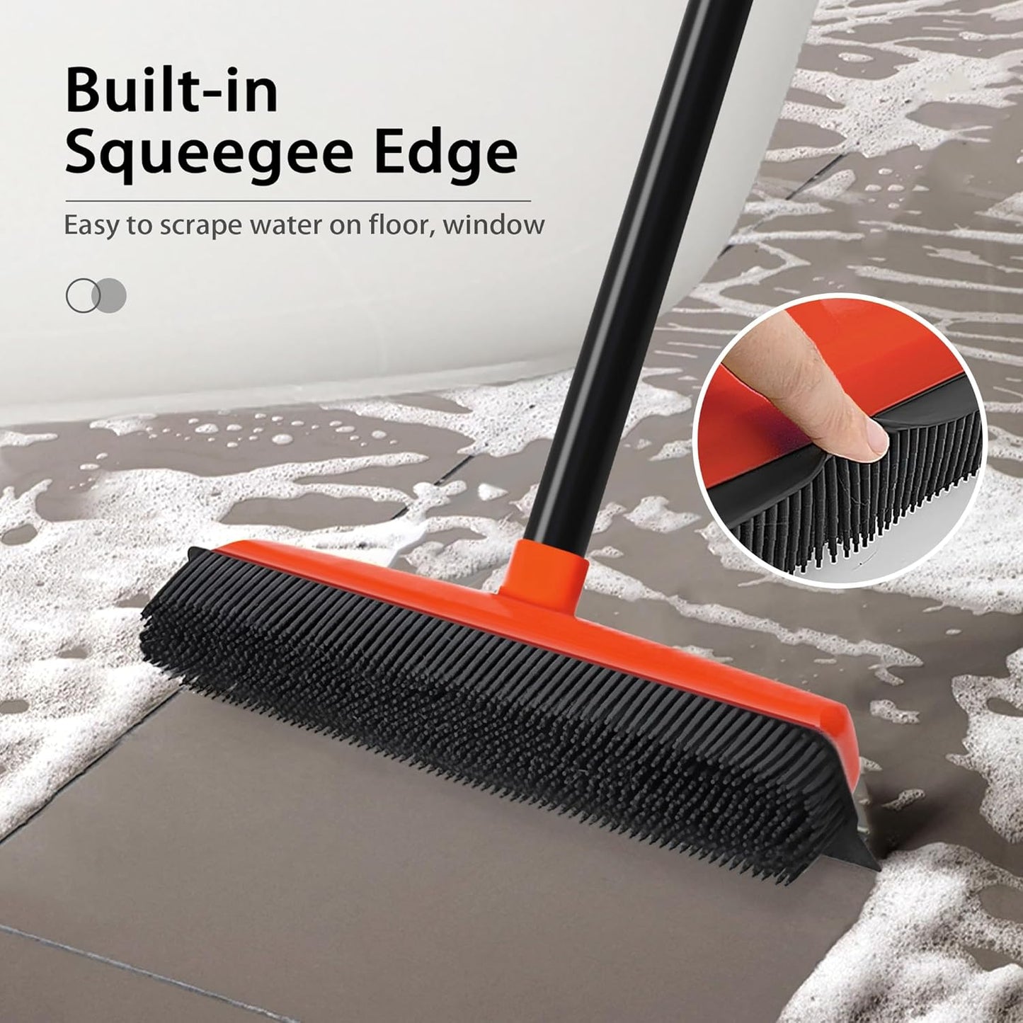 JEHONN Rubber Broom Carpet Rake Brush for Pet Hair with Squeegee, 52.8 inches Long Handle Silicone Fur Scraper Removal Tool with Detailing Lint Comb for Rug, Tile, Hardwood Floor Cleaning (Red)