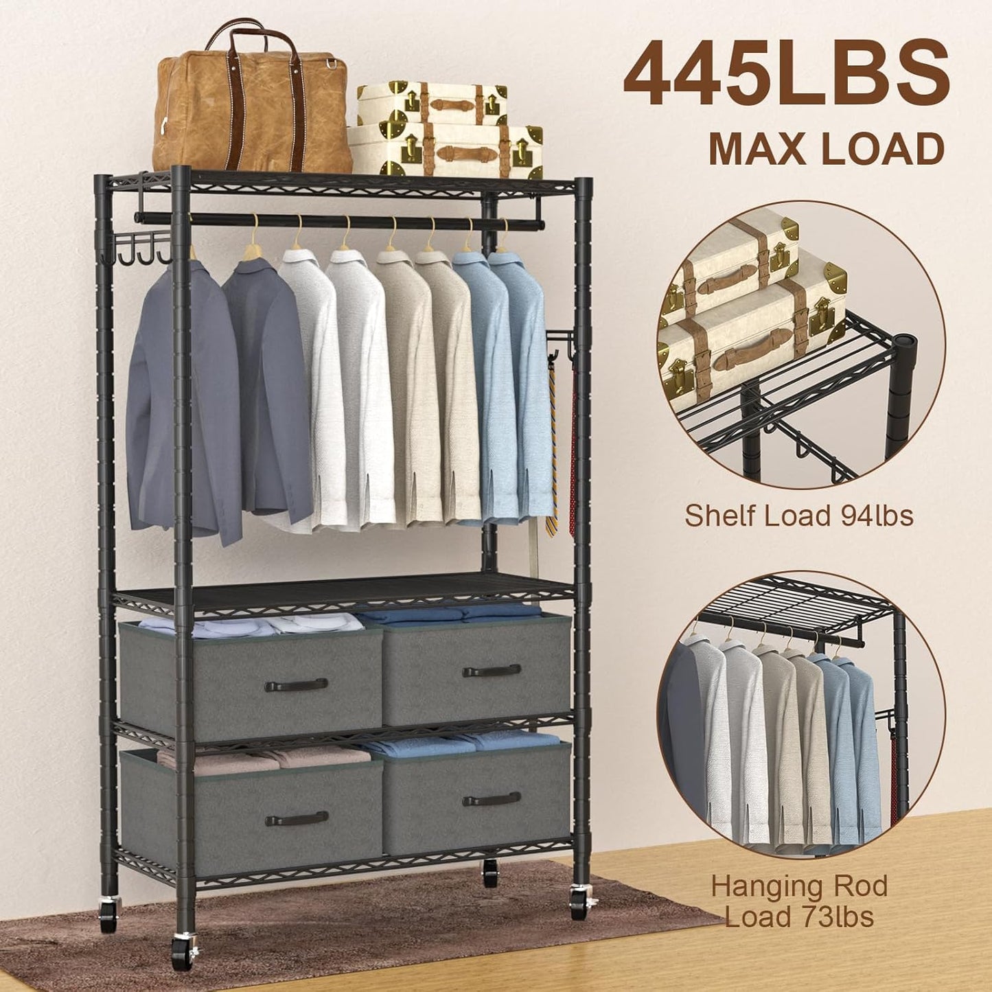 Clothes Rack, Heavy Duty Clothing Rack for Hanging Clothes, 4-Tier Adjustable Closet Organizer with 4 Drawers | Hanging Rod | Side Hooks | Load 445lbs | 15.7" D x 35.4" W x 74.1" H
