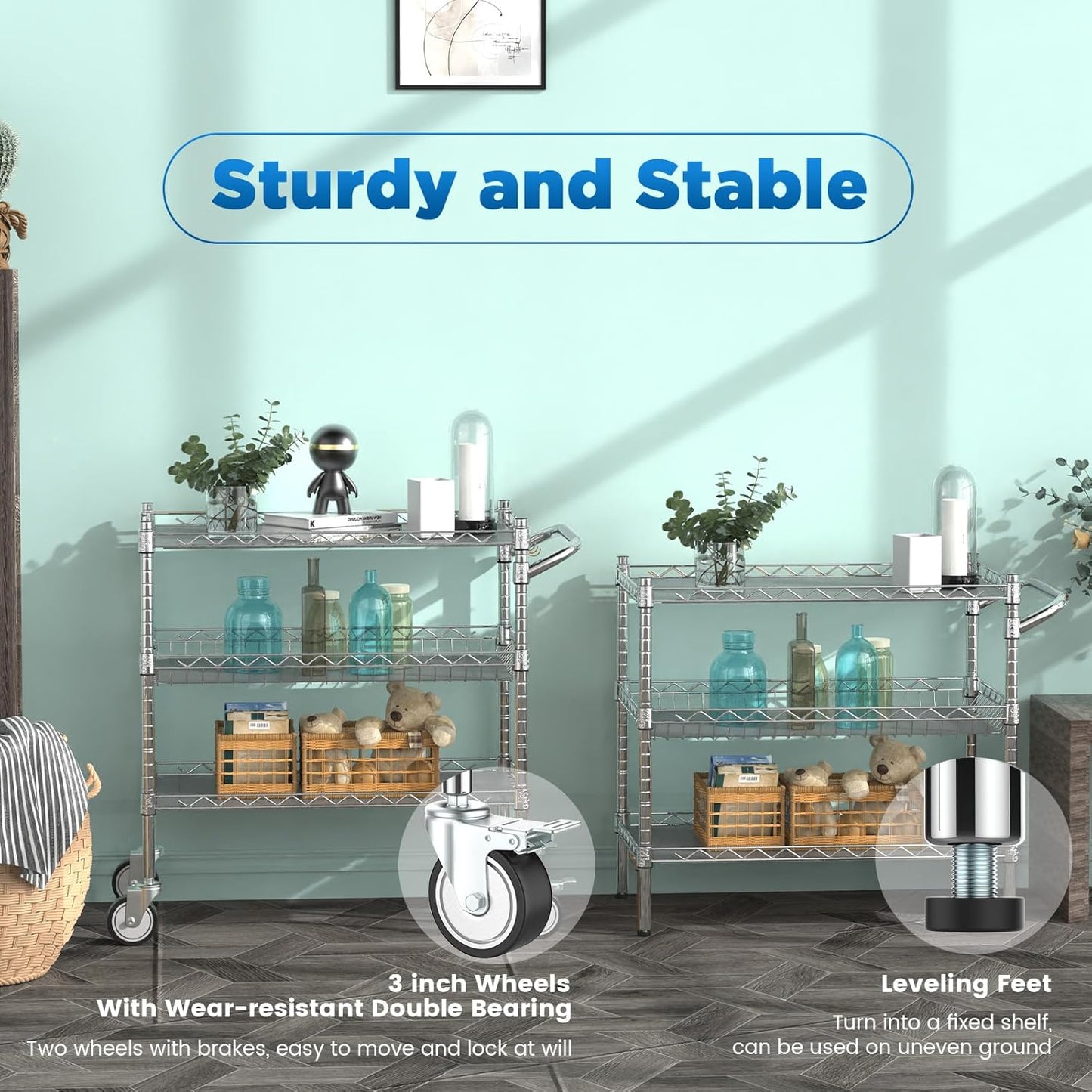 Leteuke Heavy Duty 3 Tier Rolling Utility Cart,NSF Certified 990Lbs Capacity Rolling Carts with Wheels,Commercial Grade Metal Cart with Handle Bar & Shelf Liner,Trolley Serving Cart for Kitchen,Chrome