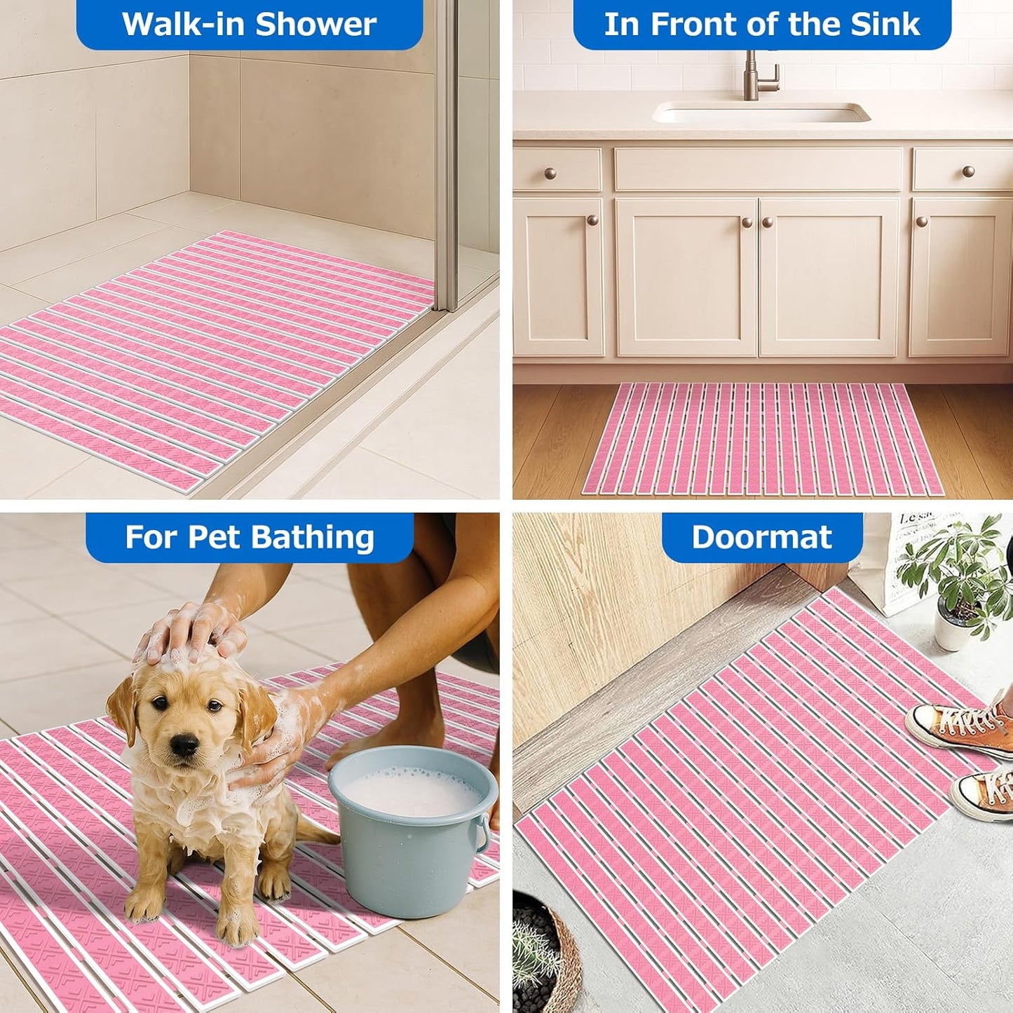 Matace Non Slip Rubber Bathtub & Shower Mat with Suction Cups, Thick Textured Surface, Fast Drain and Upright Drying Design, No Pooling Water for Better Hygiene, 27 x 16 Inch, Pink