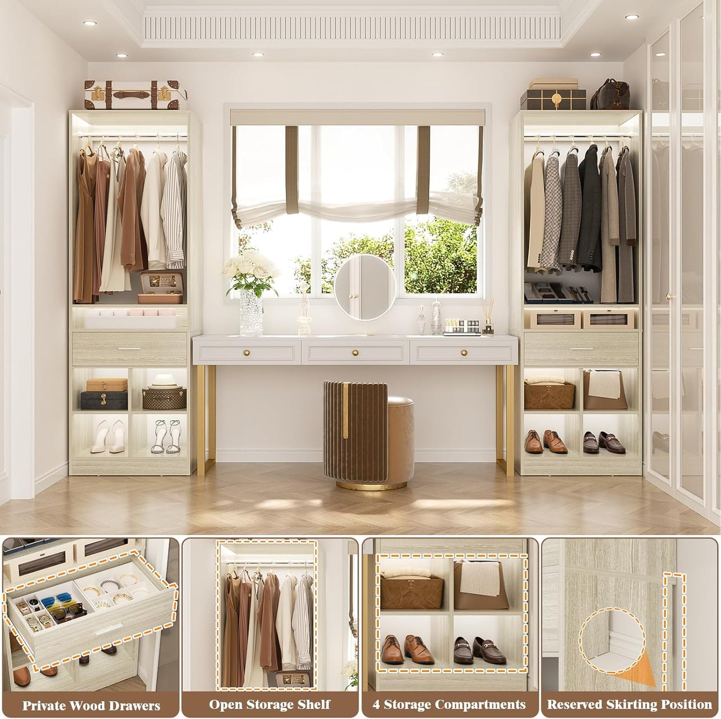 Unikito Freestanding Closet System with Wood Drawer and 4 Cubby Storage, Closet Organizer with Hanging Rods & Shelves, 25‘’W X 80'' H Clothes Garment Rack, Walk in Closet Tower Wardrobe, White Oak