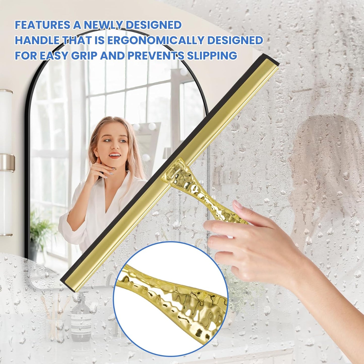 All-Purpose Silicone Shower Squeegee for Shower Glass Door,with 1 Hooks,for Bathroom Glass, Car, Tile Wall, Mirror Cleaning - Flower Shaped Handle for Easy-Grip 14 Inch Golden