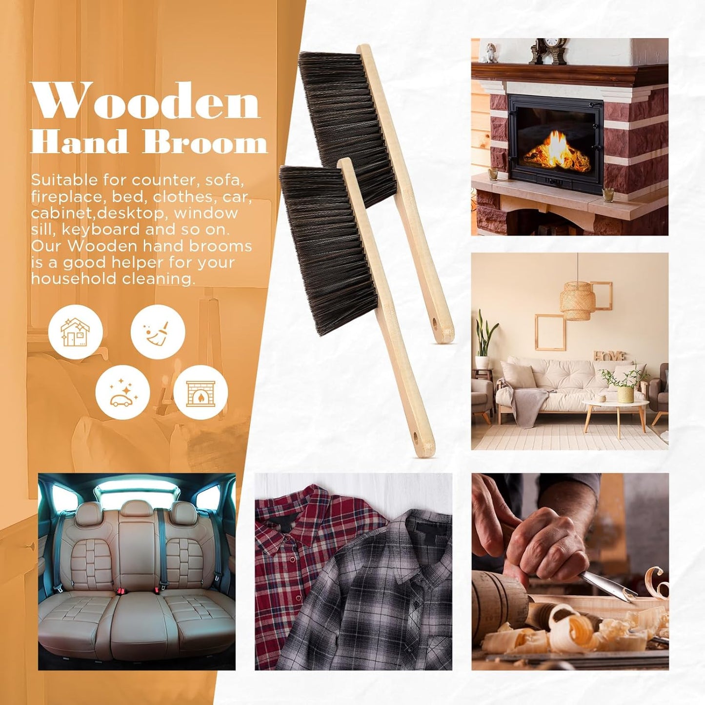 Tioncy 16 Pieces Wooden Dust Brush Bulk Hand Broom Bench Soft Bristle Cleaning Outdoor Furniture Brushes with Long Wood Handle for Cleaning Car Bed Sofa Fireplace Couch Clothes