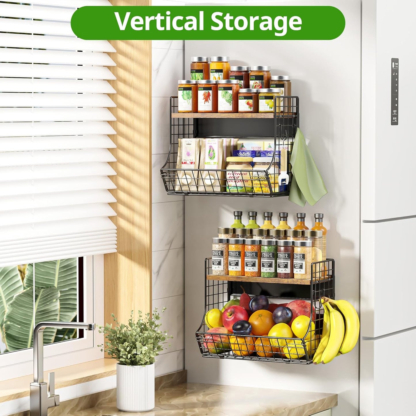 Magnetic Shelf for Fridge with Wood Lid, Fruit Potato and Onion Storage Bins, Pantry Organizers and Storage, Strong Magnetic Spice Rack for Refrigerator, Kitchen Counter and Laundry Room