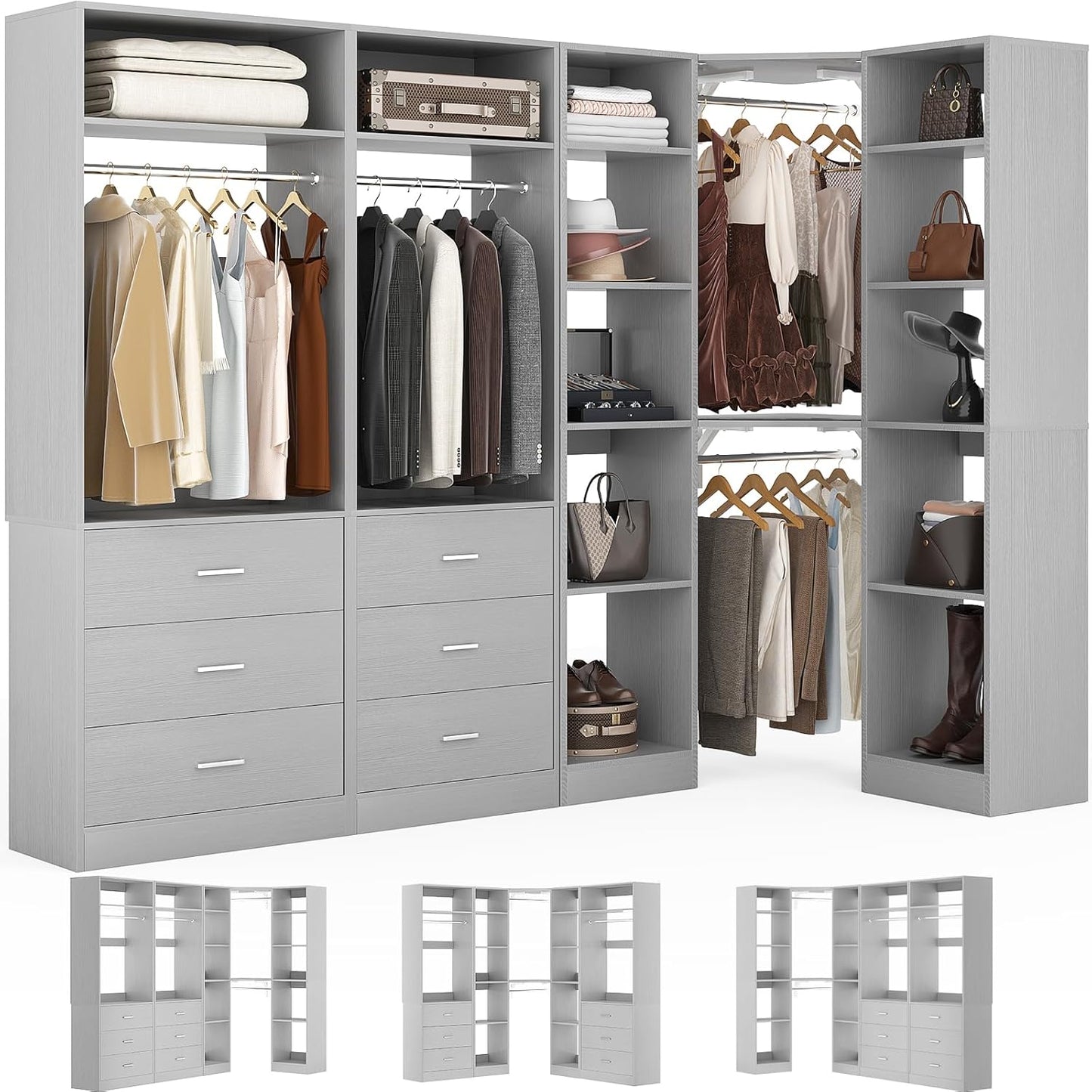 Corner Closet System with 6 Drawers, Closet Organizer System with 14 Shelves & 4 Hanging Rods, 87.2"L * 39.2"W / 63.2"L * 63.2"W Reversible L Shaped Walk-in Closets, Load 2500+LBS, Grey